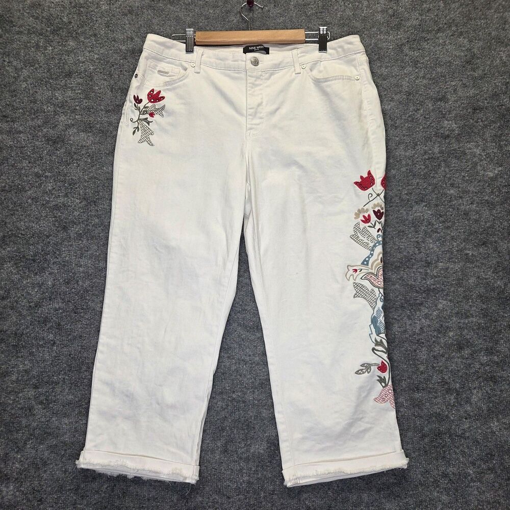 Nine West Jeans Womens 16 White Chrystie Capri Floral Embroidered Crop Denim